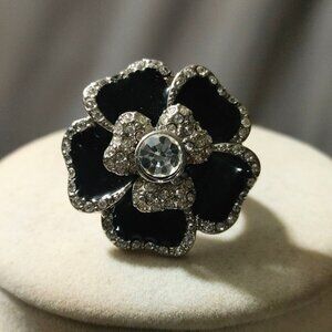 Blooming Flower Ring Lia Sophia Crystal Center Black Petals Floral Silver Tone